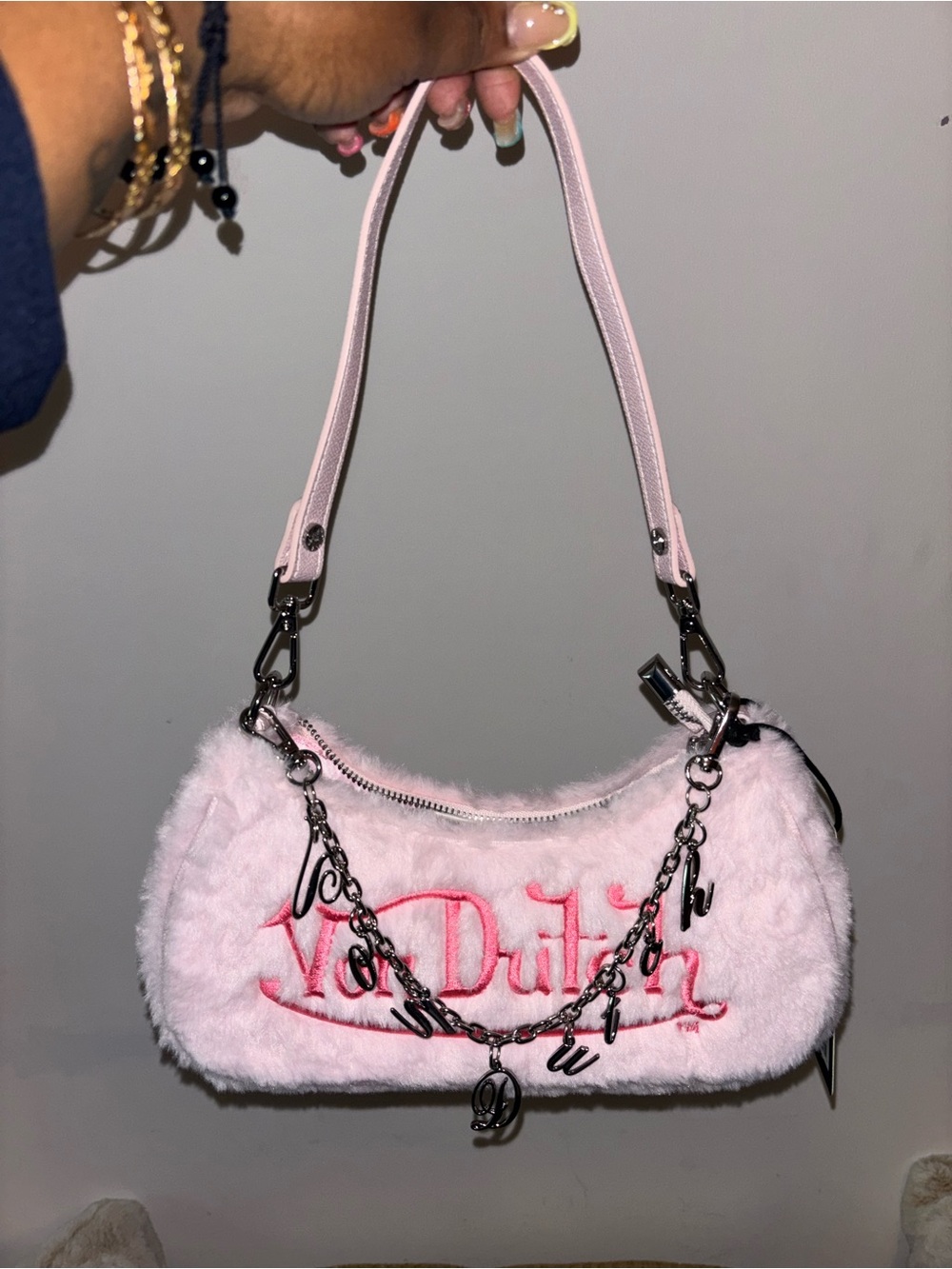 Von Dutch Pink Fuzzy Shoulder Bag with Chain Charm